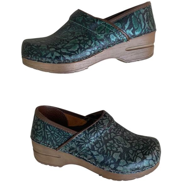 Sanita Green Floral Leather Professional Nursing Work Clogs Women's EU 35 US 4 - Picture 2 of 15